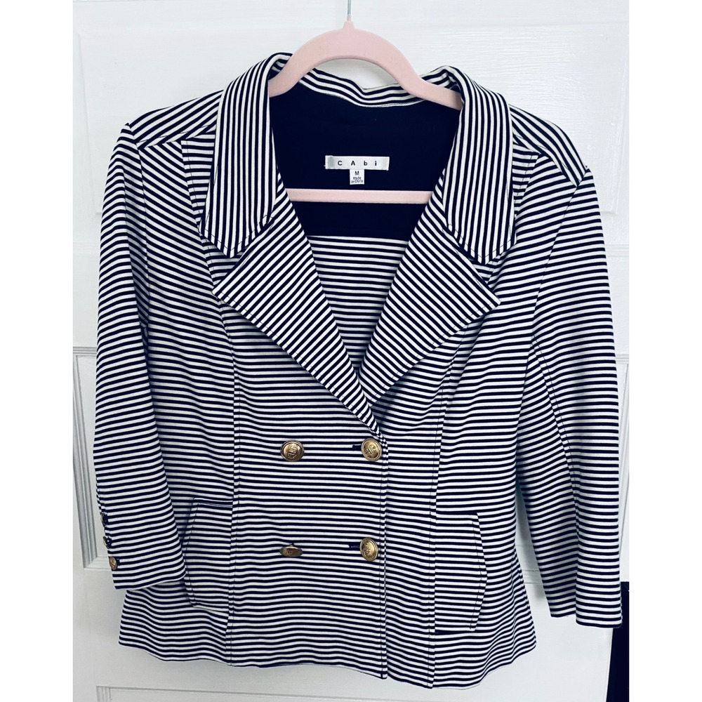 Cabi Navy White Striped Double Breasted Blazer Gold Crest Button Jacket Womens M - Picture 2 of 10
